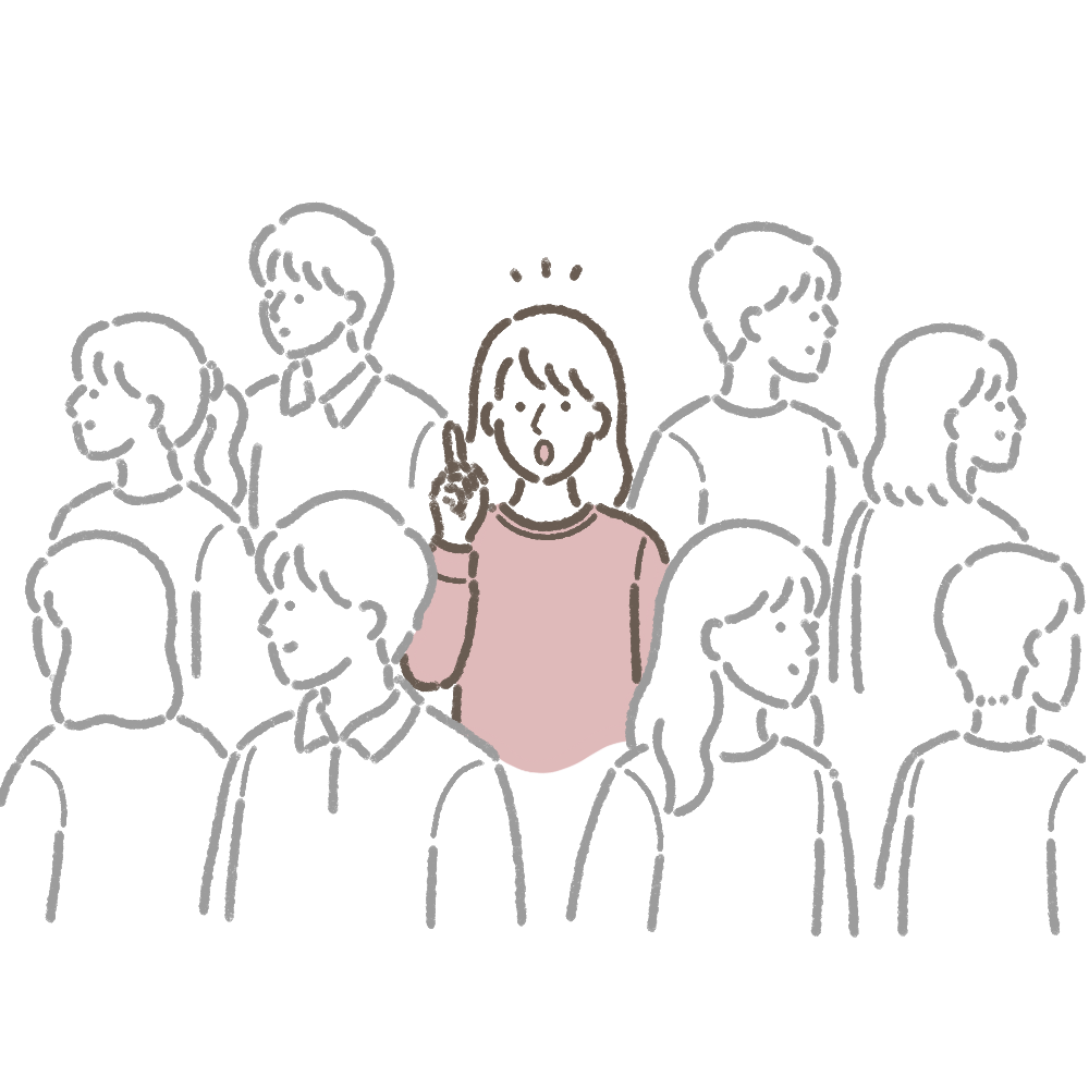たくさんの人の中で、ひとりだけ気づいて振り向く様子のイラスト