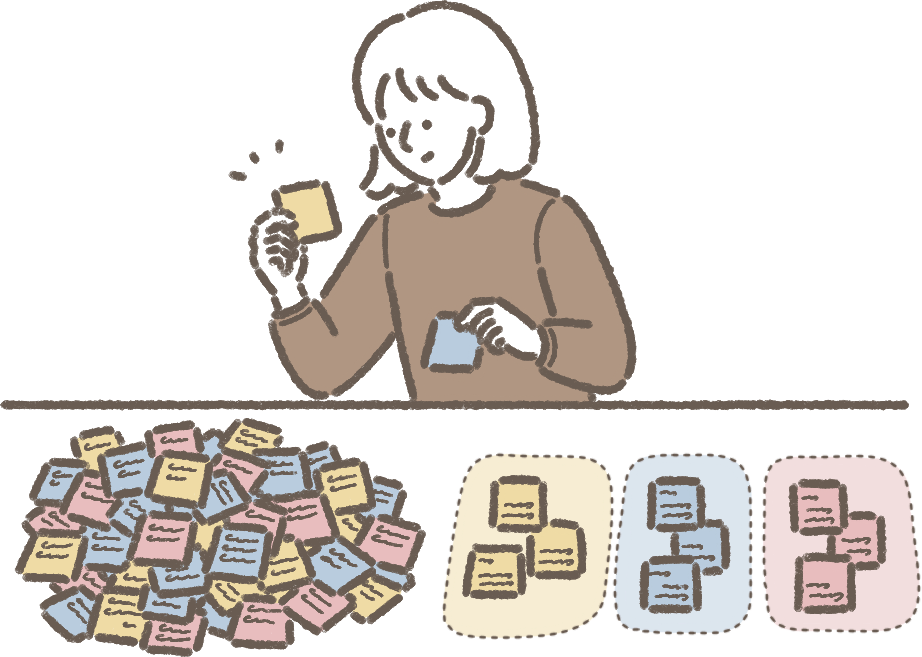 散らばった付箋を仕分けしている人のイラスト